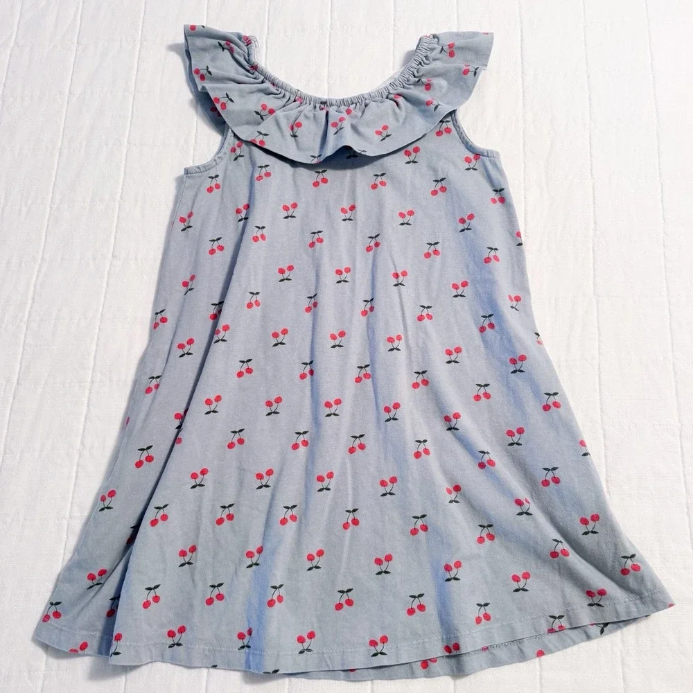 Hanna Andersson Girls Cotton Dress Size 8 130 Ruffle Neck Blue Cherries